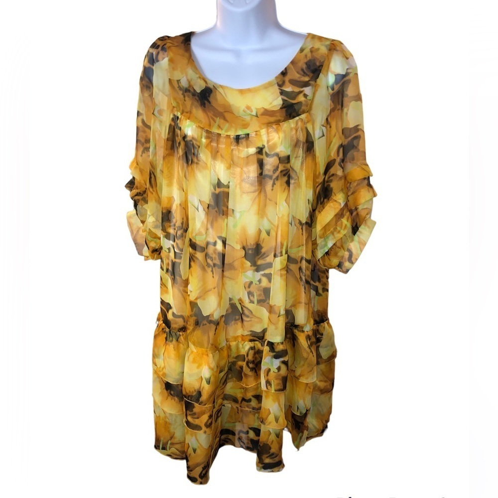 Retro Mini Dress Orange Yellow Brown Flowy Ruffles Puff Sleeve Silk Chif…